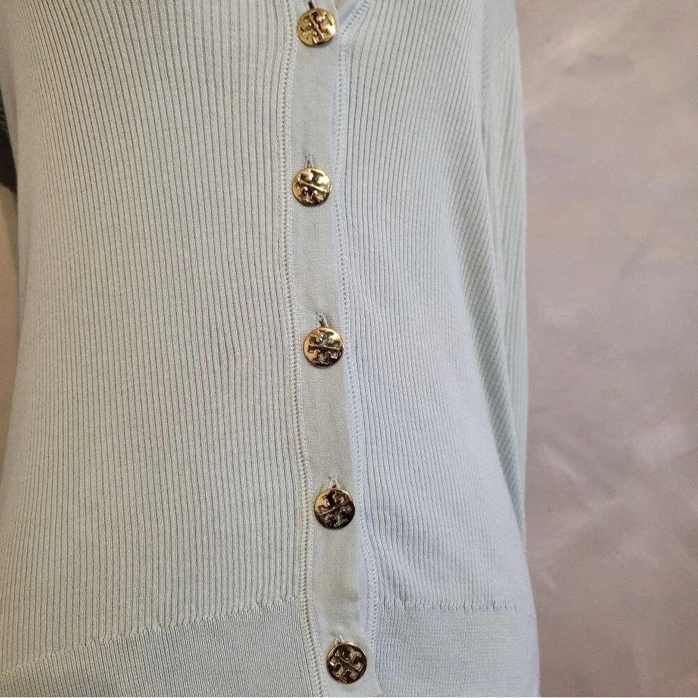 Tory Burch Simone Ribbed Button Down Cardigan Blue Gold Cotton Sz S